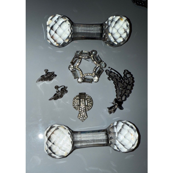 Two Crystal Knife Stands & Vintage Brooches & Earrings