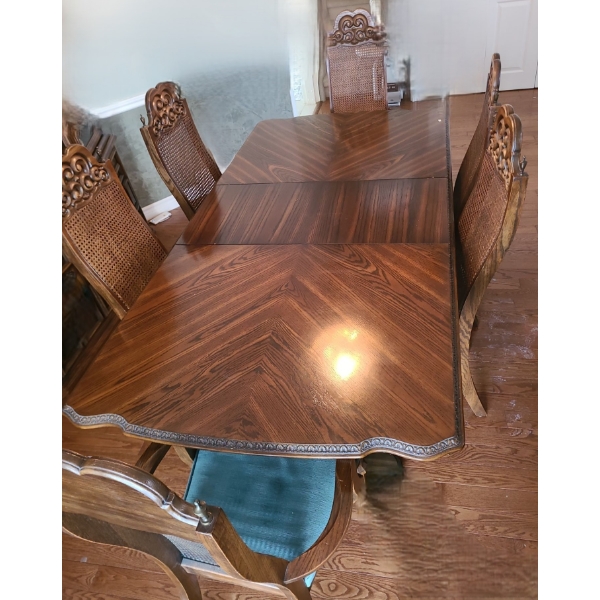 Dark Wood Dining Table 80 W, 42 D, 29.5 T, Two Arm 23 W, 19 D, 46 T and Four Side 19 W, 18 D, 46 T