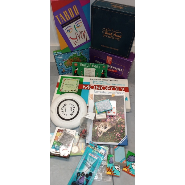 Collection Of Board Games  Monopoly, Taboo, Trivial Pursuit, Balderdash, Dutch Bliss, Frizbee Cards 