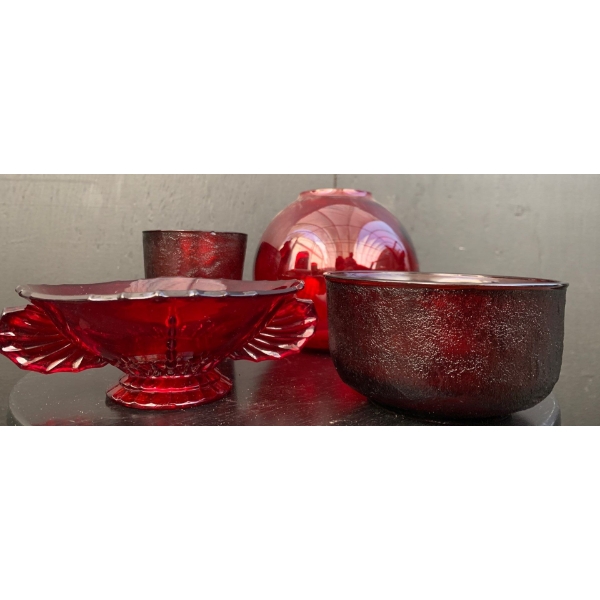 Cranberry Glass: Vintage Ruby Red Sugar Bowl, Matte Ruby Red Glasses (2), and Ruby Red Bowl Vase 