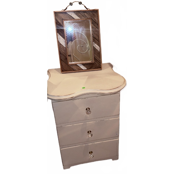 Three-Drawer Painted Wood Chest with Framed Wall Mirror