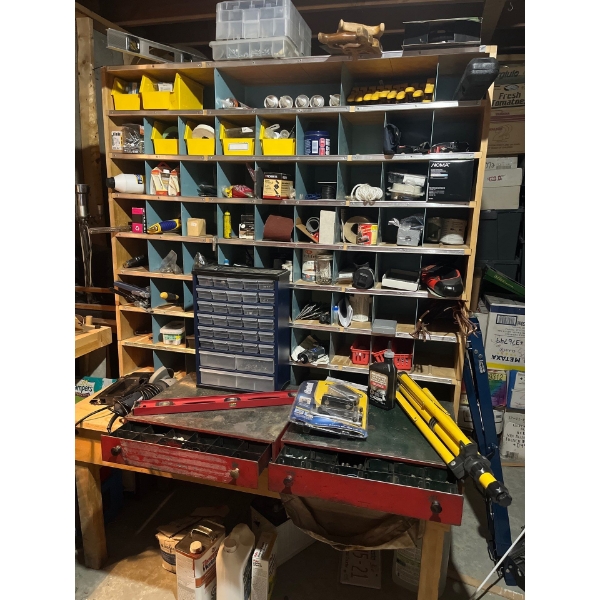 Tool organizer with bench all contents included along with two vintage red, small bolt drawers and t