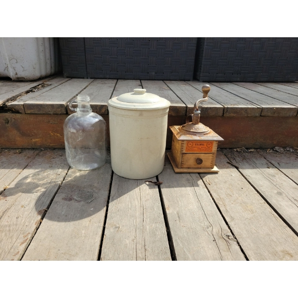 Antique Medelta Coffee Grinder and Moonshine Bottle