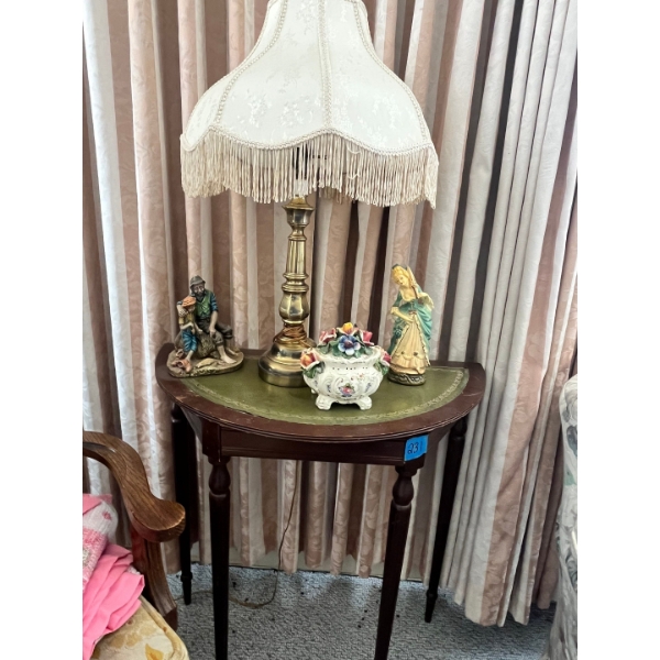 collection vintage decorative items including brass table lamp with a fringed fabric shade much more