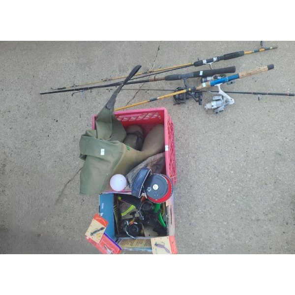 Fishing Necessities Including: Tackle, Rods/ Reels, Hip Waders Size 12 and More!