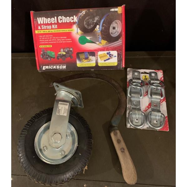 Wheel Chock and Strap Kit, Wheel, and Tools 