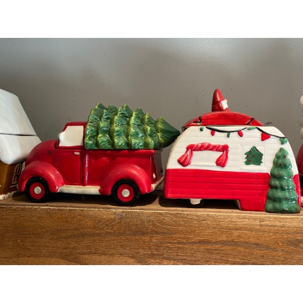 truck and trailer cookie jar, red and white
