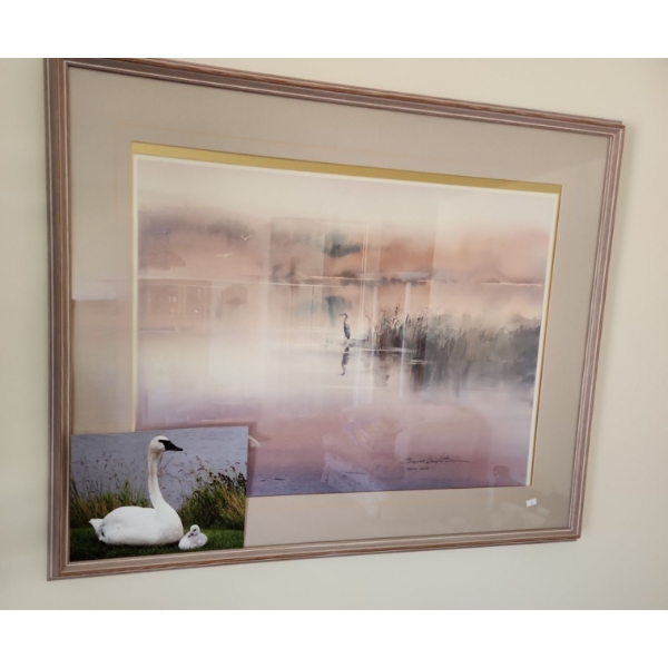 Print "Calm Lake"- Artist: Brent Heighton, 38.5 X 31 Framed Under Glass- and Photograph of Swans