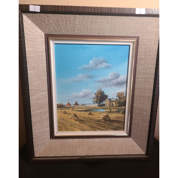 Painting of Farm House- Artist K. Sawatzky, 13.5 X 16 Paint on Canvas Board Framed 