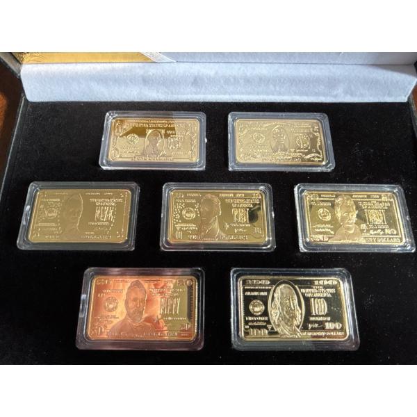 Collection of 7 Gold plated US Dollars from $1-$100 With certificate and Black Collectors box 
