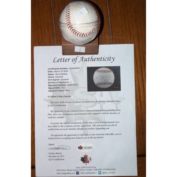 Rawlings Official MLB Ball w/ Roy Halliday Autograph, In Protective Shield on Stand w/ Authenticity