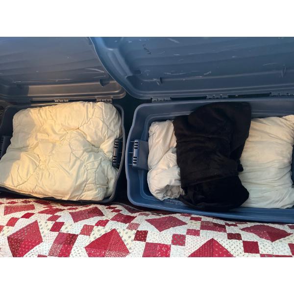 -2 two totes with bedroom, linens, duvet pillows, and blanket.