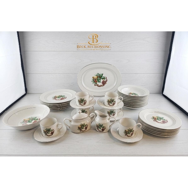 Vintage Tea Set Decorated With A Festive Holly & Berry Cups Saucers A Covered Sugar Bowl & A Creamer