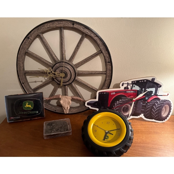 Rustic Wagonwheel Wall Clock New John Deere Belt Buckle Tractor Tire Desk Clock & More