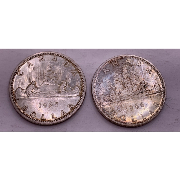 Canadian Silver Dollar 1966 (80% Pure Ag) 23.5 g & Canadian Silver Dollar 1965 23.4 g (80% Pure Ag)