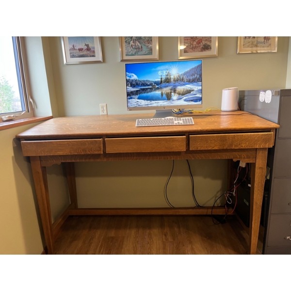 Antique Bankers table or Train station desk. 3 drawers, Sturdy, Large, solid stand up table. 
