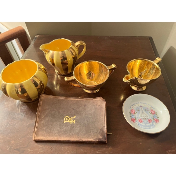 Vintage Lady Hamilton tea cups with 22 karat gold leaf along with sugar bowl and creamer made by sun