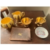 Image 1 : Vintage Lady Hamilton tea cups with 22 karat gold leaf along with sugar bowl and creamer made by sun