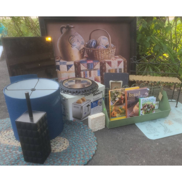 Household Assortment: Art Print, Hamilton Beach Toaster, Cookbooks, Lamp