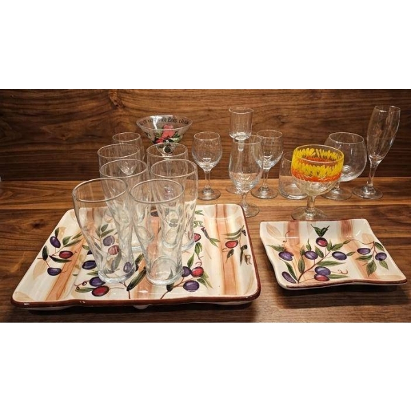 Glassware with Olive Motif Ceramic Platters