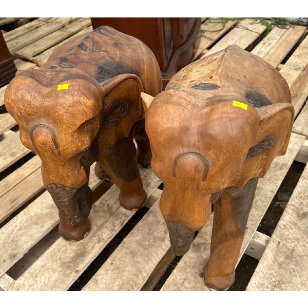 Set of 2 Wood Carved Elephants - 14W, 22D, 22T Each