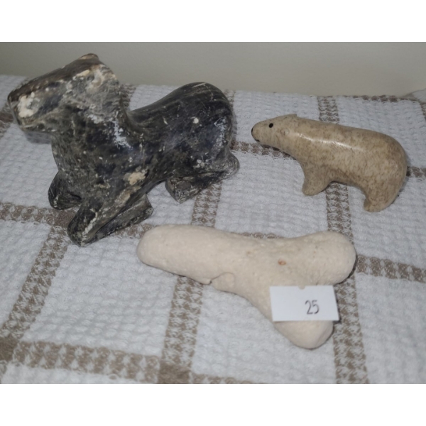 Soapstone Carvings: Largest Deer 1.5 W, 3.5 D, 3 T - Polar Bear 3 W, 1.5 T 