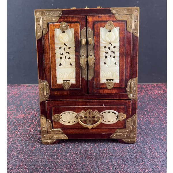 Chinese Jewellery Box with White Jade Inlays and Brass Fittings