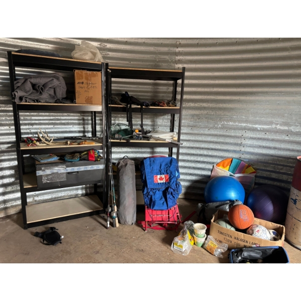 shelving, including all contents and all sports gear, including a pair of sheds several fishing rods