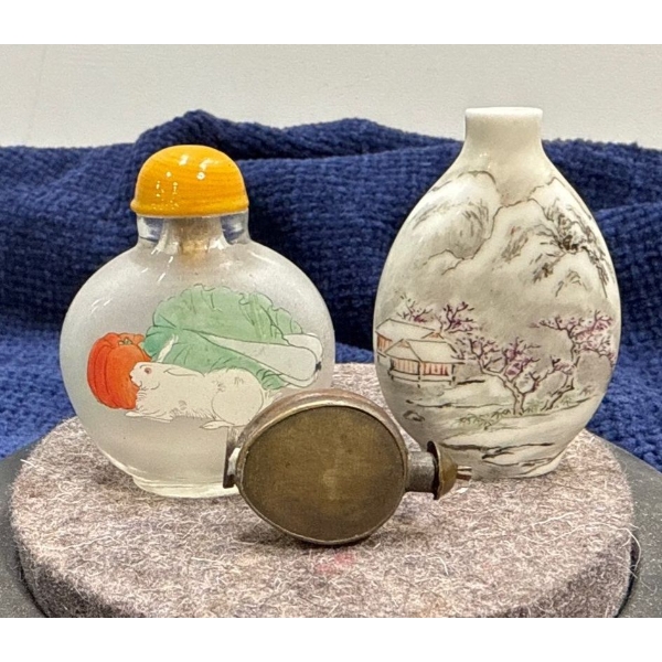 3 Decorative Snuff Bottles (one with spoon, one missing lid)  tallest 3H