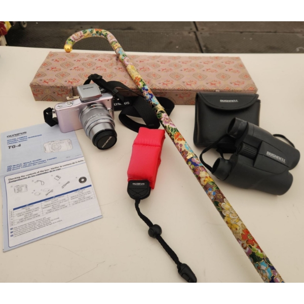 Olympus TG-4 Digital Camera , Bushnell Powerview Binoculars and Decorative Walking Cane 