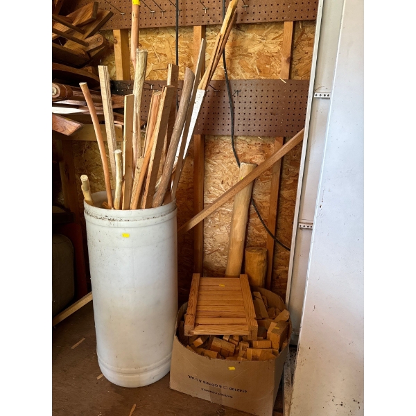 Set of Various Wood Pieces, Various Sizes; Wood and Plastic Container Only 