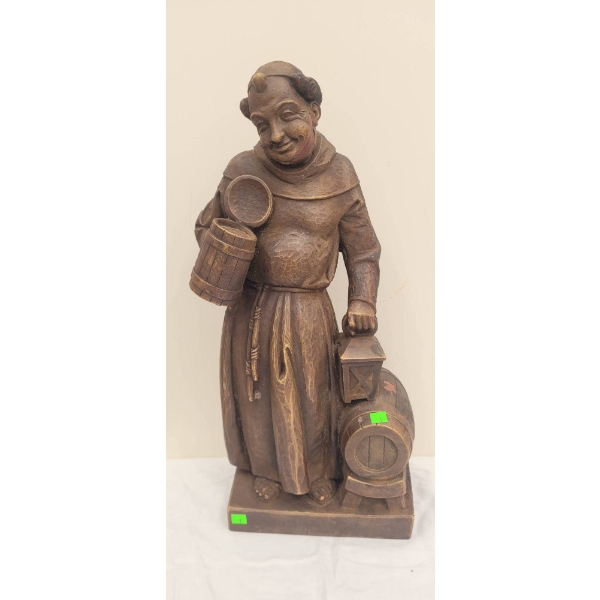Hand-Carved Wooden Monk Figurine with Beer Barrel and Lantern