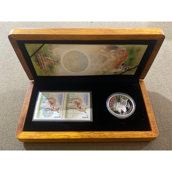 2005 Canada $5 Pure Silver Coin and Stamps Set Featuring White-Tailed Deer