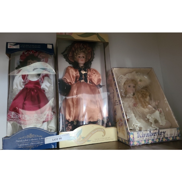 Porcelain Doll w Red Dress, Timeless Treasures Doll w Peach Dress , Kimberley w Beige Dress