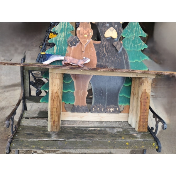 Metal and Wood Rose Design Garden Bench 50 W, 24 D, 33 T and Moose/ Bear Garden Shelf 