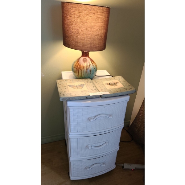 Three Drawer Plastic  Caddy, Ceramic Lamp w Painted Design, 2Terracotta Butterfly Wall Plaques