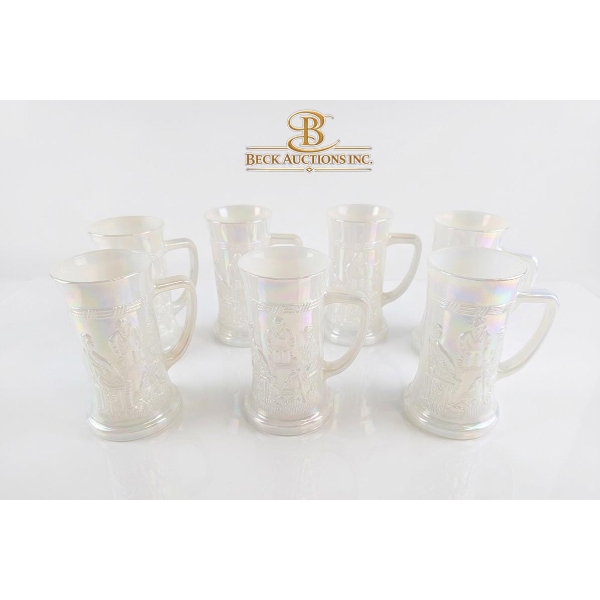 Vintage Federal Glass Iridescent White Milk Glass Beer Steins, Featuring An Embossed Colonial Tavern