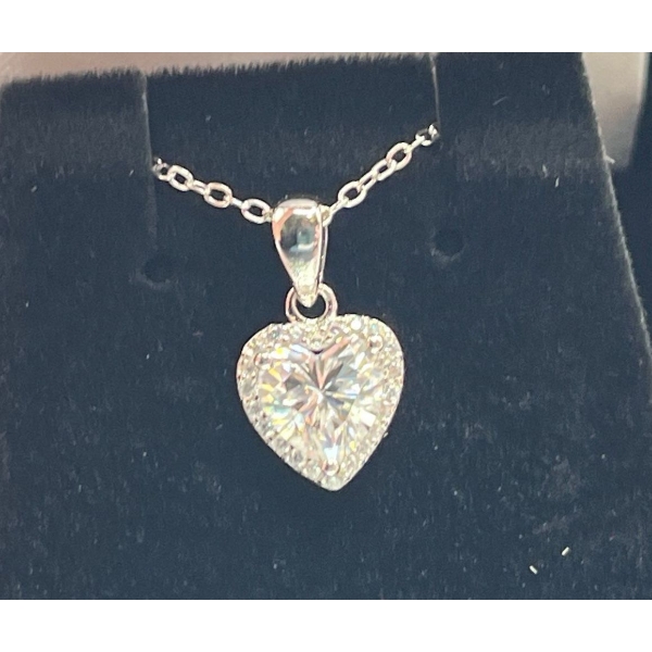 1ct Heart Brilliant Cut Moissanite with 22 Round Cut CZ in Heart Shaped Halo set in Sterling Silver 