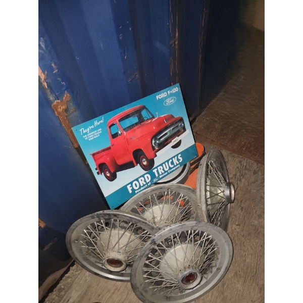 Vintage Gas Reservoir/ Dispenser, Ford Metal Sign 18 X 12.5, Four Hubcaps 17" Diameter