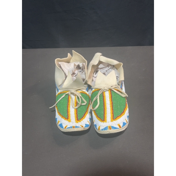 Beaded Leather Moccasins with Green, White, and Yellow Pattern