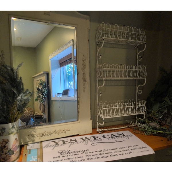 Decor Group: Wall Mirror, White Rack, Faux Plants, and Sign
