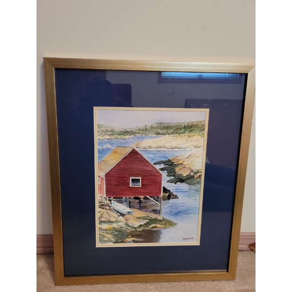 X.Wandler Watercolor Cottage Art 15x18 Navy Border