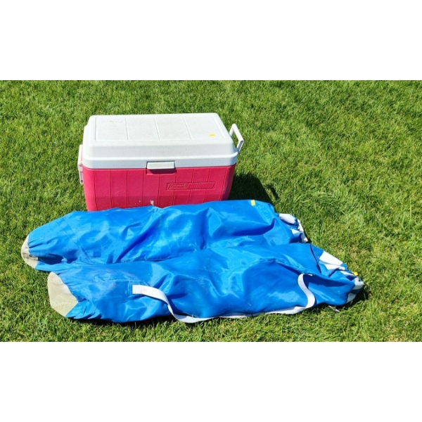 Coleman Cooler 24 W, 12 D, 7 T and Two Folding Striped Chairs 31 W, 21 D, 34 T w/ Sunshades