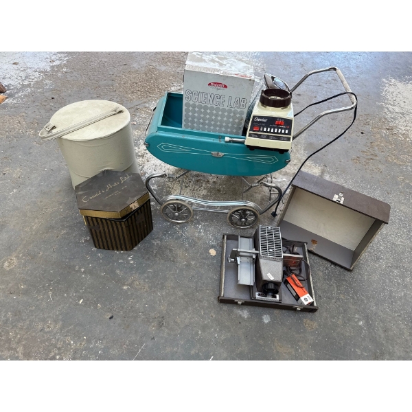 Vntge Bell and Howell Headliner, Skilcraft Science Lab Microscope, Oster Blender, Stroller and More