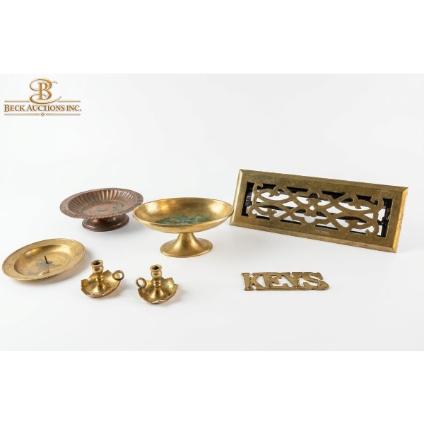  Collection Of Vintage Brass Decorative Items Bowls , Candlestick Holders , "KEYS" Sign And More.