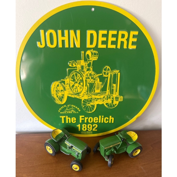 John Deere Collectibles - 'The Froelich' Metal Sign w/ 2 Diecast ERTL JD Tractors