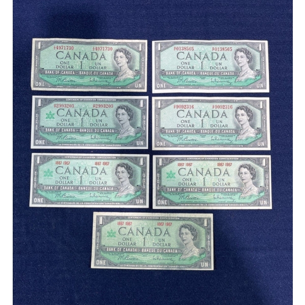 3 Centennial Canadian 1 Dollar Bills, 4 1954 Modified Bills