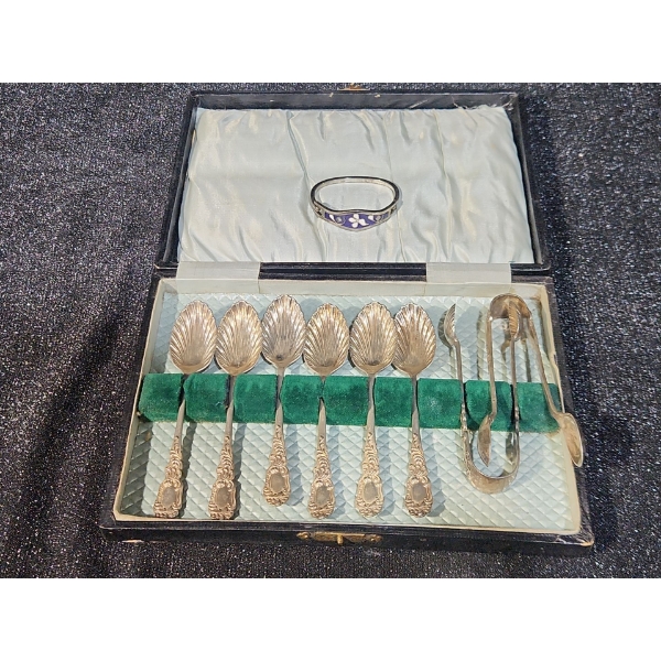 Antique Silver Tea Spoon Set with E.P Sugar Tongs , 925 Stamped Small Bracelet - 87.8 Grams  