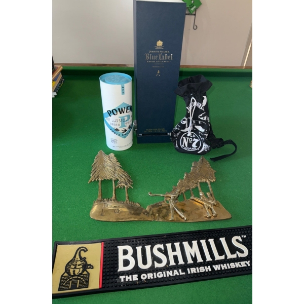 Bushmill's Bar Mat, Brass Golfing Collectible, Jack Daniels Bag & More