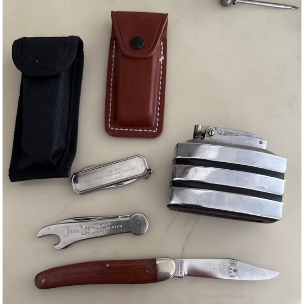 Center Console Contents - Vintage Butane Lighter 3T w/ Assorted Pocket Knives